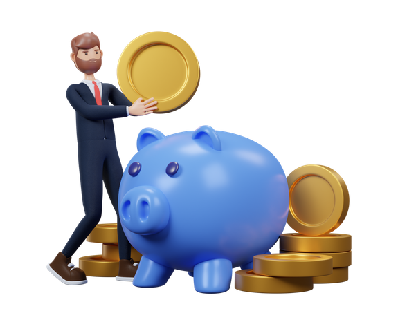 Hombre ahorrando monedas en Piggy Bank  3D Illustration