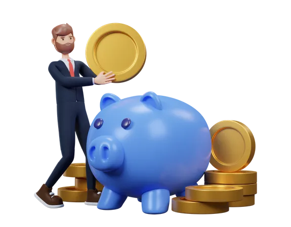 Hombre ahorrando monedas en Piggy Bank  3D Illustration