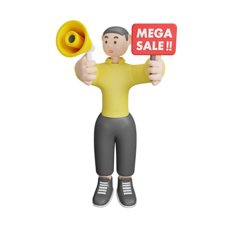 Hombre anunciando sobre mega venta  3D Illustration