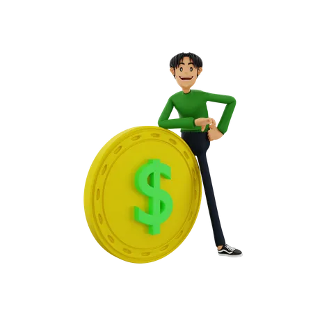 Hombre apoyado en moneda de un dólar  3D Illustration