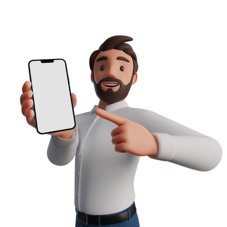 Hombre apuntando a la pantalla del teléfono inteligente en blanco  3D Illustration