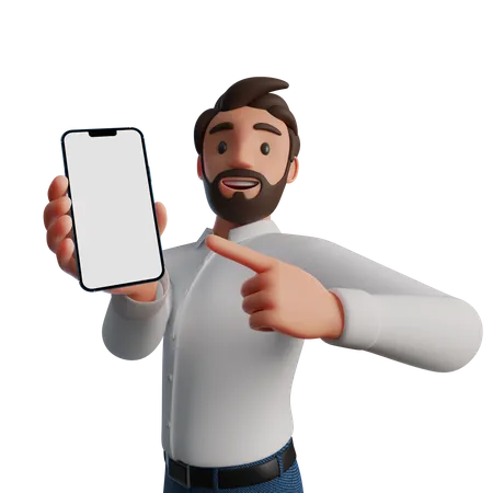 Hombre apuntando a la pantalla del teléfono inteligente en blanco  3D Illustration