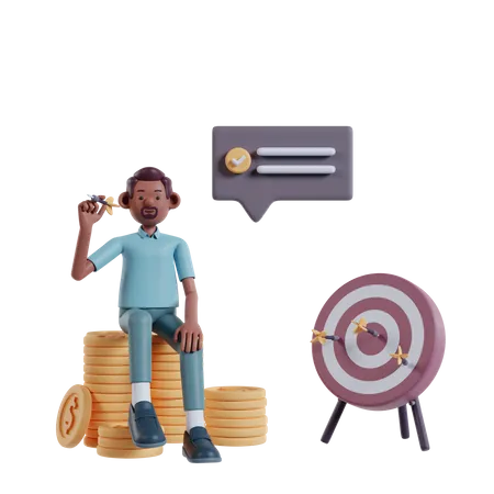 Hombre Marron Sentado Sobre Un Monton De Monedas Apuntando Al Objetivo De Dardos Comercializando Ilustracion 3 D 3D Illustration