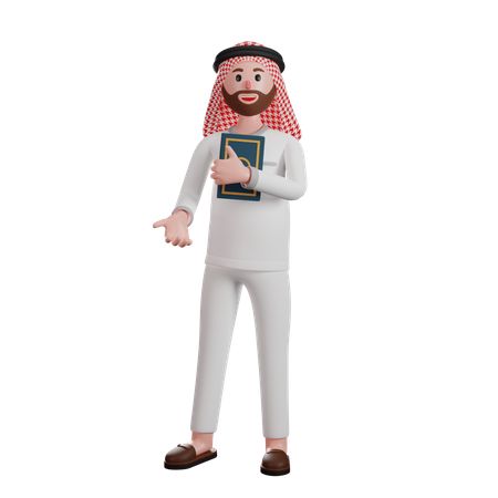 Hombre árabe sosteniendo el libro del Corán  3D Illustration