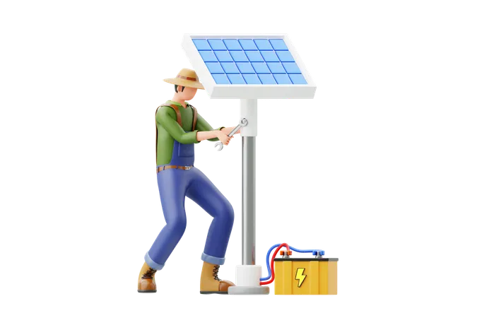 Hombre arreglando un panel solar  3D Illustration