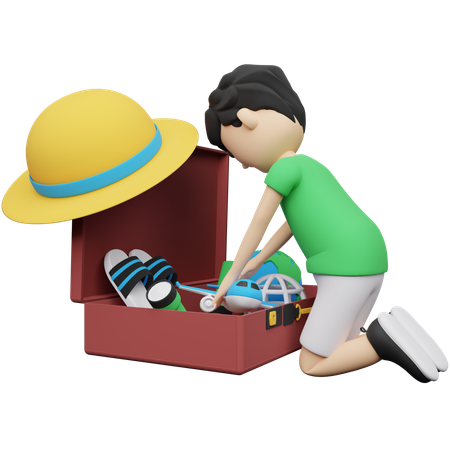 Hombre ordenando ropa en bolsa de equipaje  3D Illustration