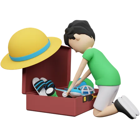 Hombre ordenando ropa en bolsa de equipaje  3D Illustration