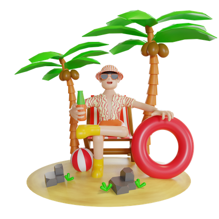 Hombre sentado en la isla en la terraza de la playa  3D Illustration