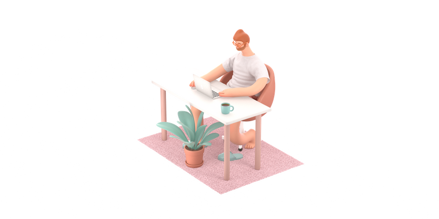 Hombre independiente trabajando en el escritorio  3D Illustration