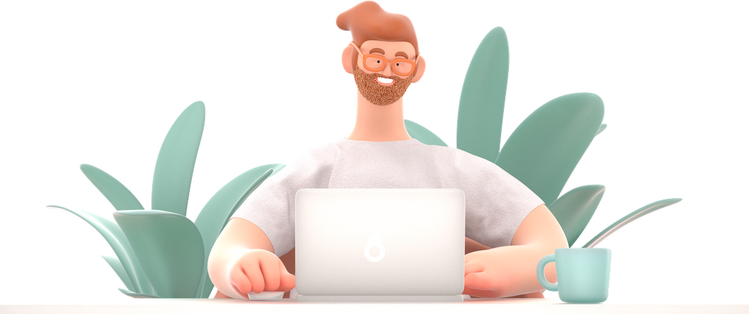 Hombre independiente trabajando en una computadora portátil  3D Illustration