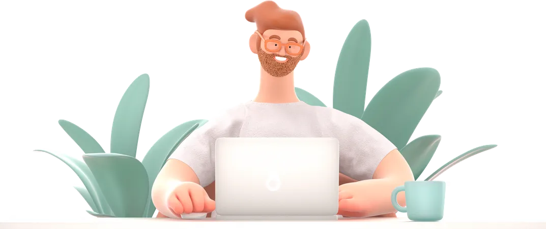 Hombre independiente trabajando en una computadora portátil  3D Illustration