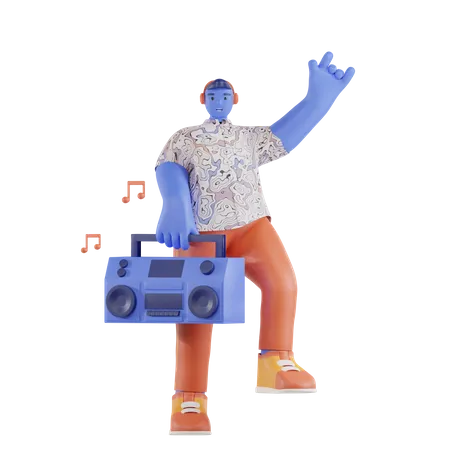 Hombre bailando mientras lleva una radio  3D Illustration