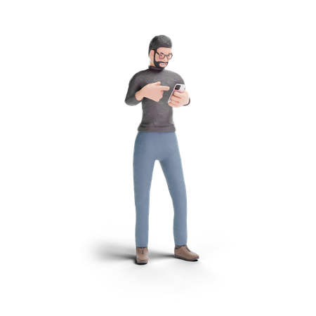 Hombre de barba apuntando al teléfono  3D Illustration