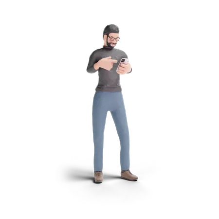 Hombre de barba apuntando al teléfono  3D Illustration