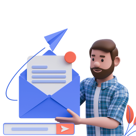 Hombre con barba enviando correo  3D Illustration