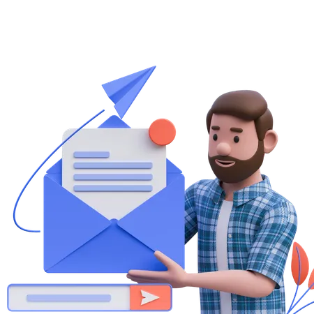 Hombre con barba enviando correo  3D Illustration