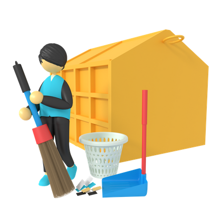 Hombre barriendo basura con escoba  3D Illustration