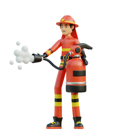 Bombero de sexo masculino lleva un extintor de incendios  3D Illustration