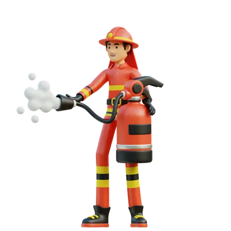 Bombero de sexo masculino lleva un extintor de incendios  3D Illustration