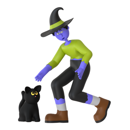 Hombre Brujo Jugando Con Gato Negro  3D Illustration
