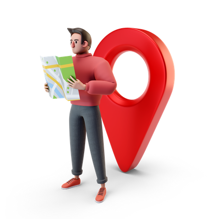 Hombre encontrando ubicación en el mapa  3D Illustration
