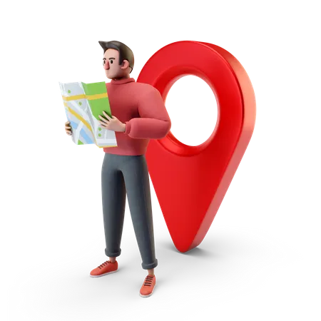 Hombre encontrando ubicación en el mapa  3D Illustration