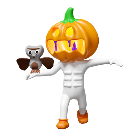 Hombre cabeza de calabaza con búho  3D Illustration