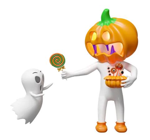 Hombre cabeza de calabaza dando dulces  3D Illustration