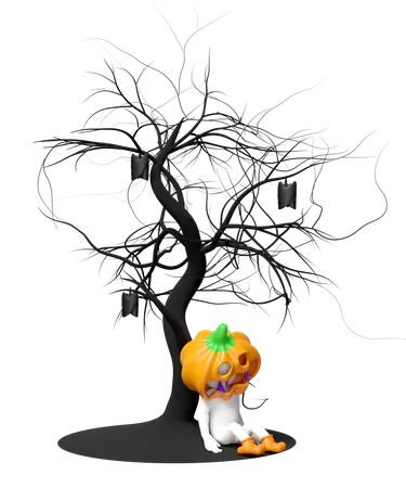 Hombre cabeza de calabaza durmiendo bajo un árbol muerto  3D Illustration