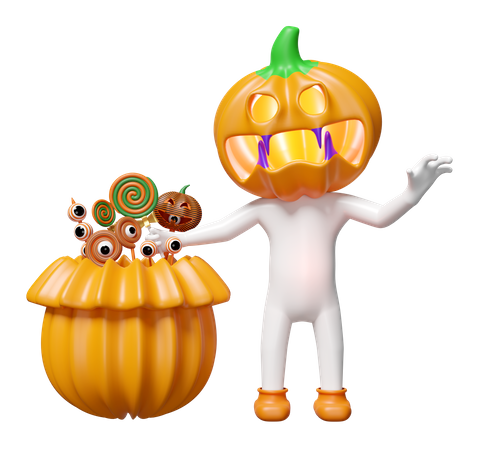 Hombre cabeza de calabaza sosteniendo piruleta  3D Illustration