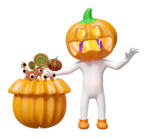 Hombre cabeza de calabaza sosteniendo piruleta  3D Illustration