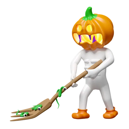 Hombre cabeza de calabaza sosteniendo un tenedor  3D Illustration