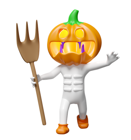 Hombre cabeza de calabaza sosteniendo un tenedor  3D Illustration