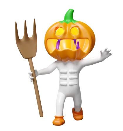 Hombre cabeza de calabaza sosteniendo un tenedor  3D Illustration