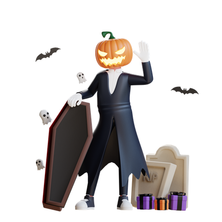 Hombre calabaza con ataúd  3D Illustration