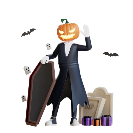 Hombre calabaza con ataúd  3D Illustration