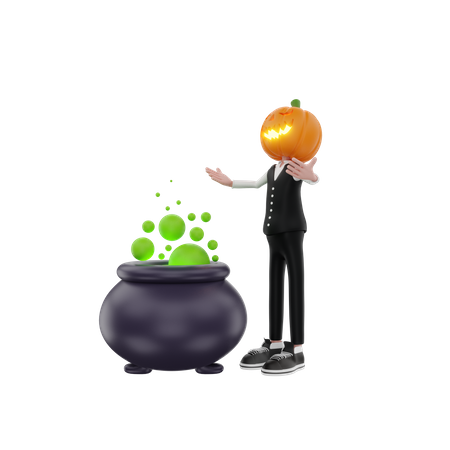 Hombre calabaza con caldero  3D Illustration