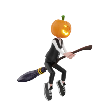 Hombre calabaza con escoba  3D Illustration