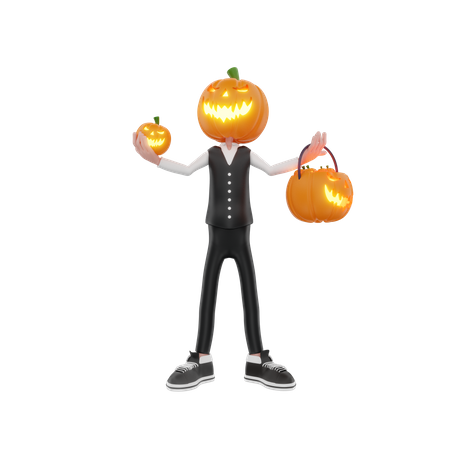 Hombre calabaza sosteniendo calabazas en la mano  3D Illustration