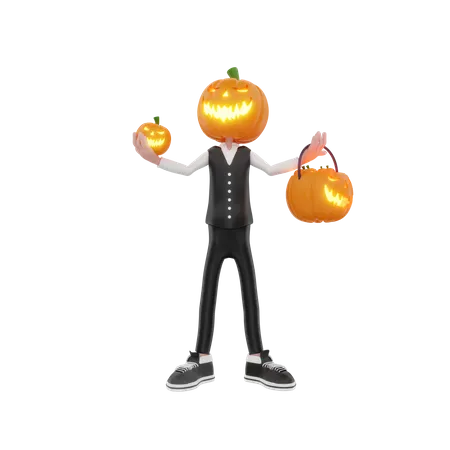 Hombre calabaza sosteniendo calabazas en la mano  3D Illustration