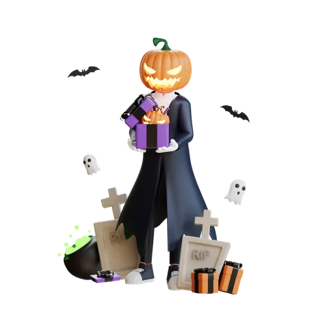 Hombre calabaza sosteniendo dulces de Halloween  3D Illustration