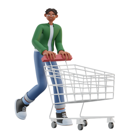 Hombre caminando con carrito de compras  3D Illustration