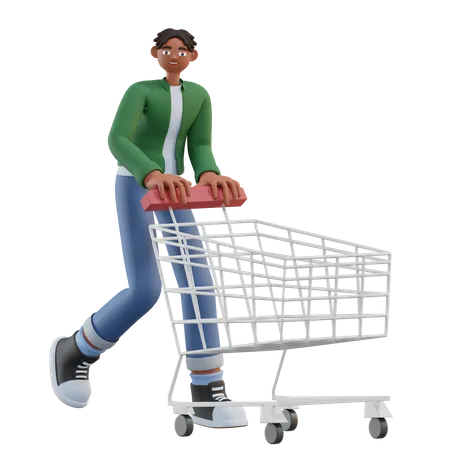 Hombre caminando con carrito de compras  3D Illustration