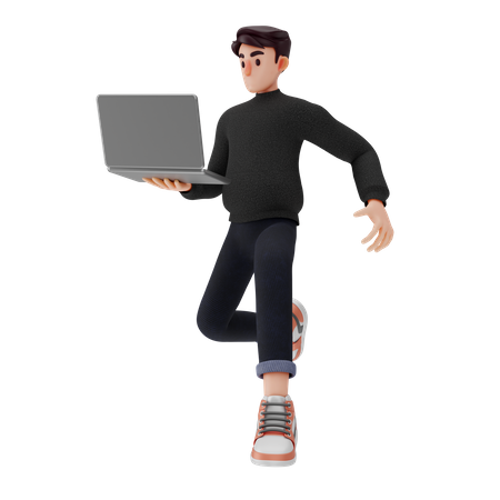 Hombre caminando mientras sostiene la computadora portátil  3D Icon