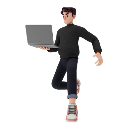 Hombre caminando mientras sostiene la computadora portátil  3D Illustration