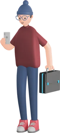 Hombre caminando sosteniendo móvil y maletín  3D Illustration