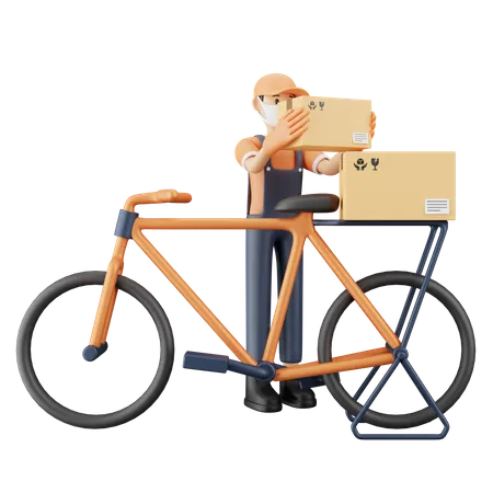 Hombre cargando cajas de entrega en bicicleta  3D Illustration