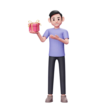 Un hombre casual mostrando un pequeño regalo de San Valentín que sostiene con su mano derecha  3D Illustration