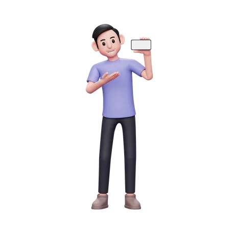 Un hombre casual presenta o presenta algo con una pantalla de teléfono horizontal  3D Illustration