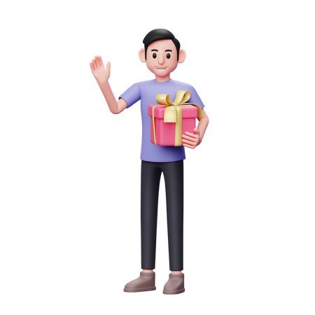 Hombre casual sosteniendo un regalo rosa con su mano izquierda mientras saluda  3D Illustration